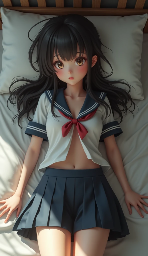 (1 girl), highly detailed girl, solo, ((highly detailed face)), extremely detailed CG unified 8k wallpaper, highly detailed, raw color photos, professional photography, Realistic, (small , small breasts, cleavage:0.8), (hchool uniform with open chest:1.6, open chest:1.5), (looking at viewer, embarrassed:1.6, ashamed expression:1.45, sleepy-eyed:1.2, bashful, upturned eyes, flustered), pleated skirt, bedroom,(from above lying on her back, head on a pillow, spread open legs, cameltoe, full body)