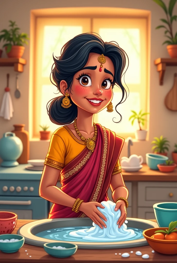 Indian mom cartoon washing utensils 