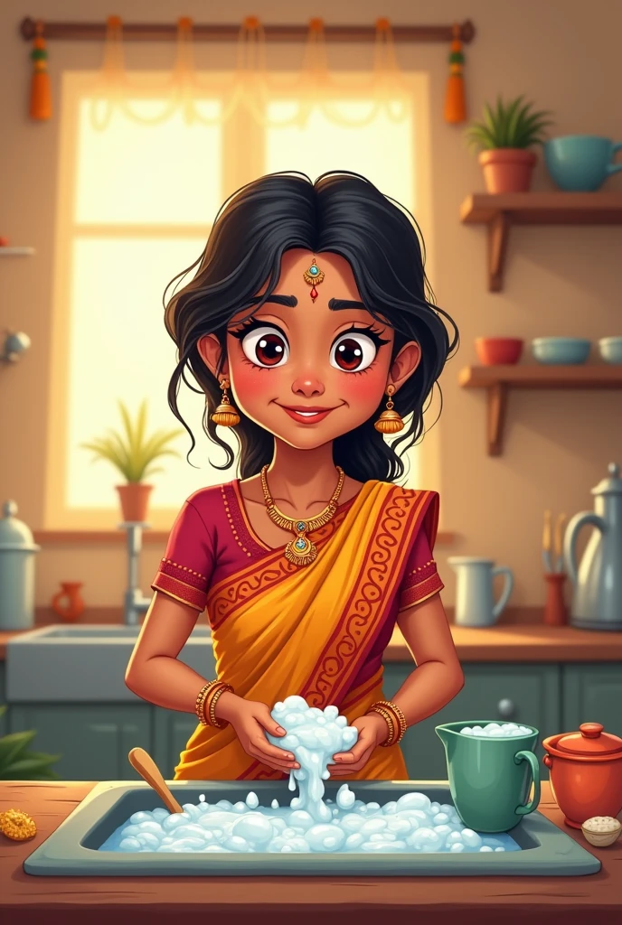 Indian mom cartoon washing utensils