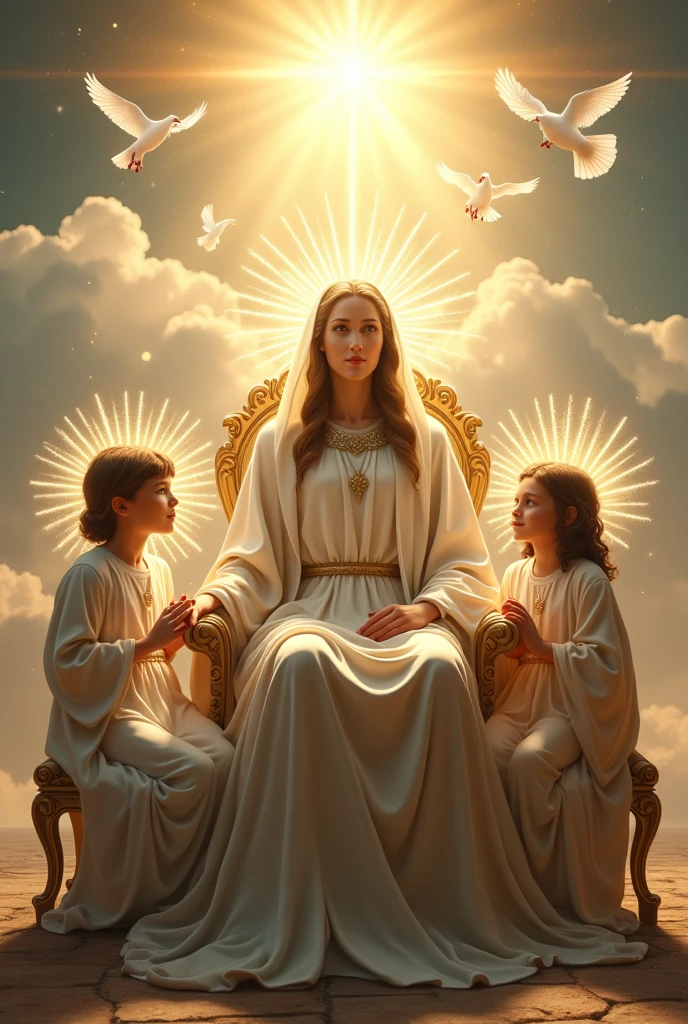 (photorealism:1.2), beautiful virgin Mary, handsome Jesus Christ and handsome 7 years old teen Jesus, sitting in the throne each of them in the kingdom of god that full of clouds, the light of their crowns and hearts spreading all over, wearing the lime color of a king clothes, queen and prince, the crown of lights in their heads and heart spreading all over, real beautiful faces, real nice hair, real face, real image, heaven outdoors that full of clouds, brighter lighting, five fingers, clouds and many doves in the background, elegant clothes, stars and sunlight, beautiful heaven of paradise, relaxed pose, realistic, intricate details, bright and warm colors,