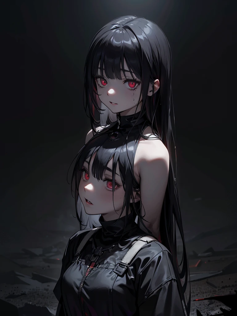 White skin, Black Dress, whole body, Long black hair,Red eyes,In the spotlight,(It generates high-quality female works with a dark and insane horror movie-like world view centered on black. She has a creepy and attractive physique、whole body黒のファッションスタイルを着ています. The background is a dark and desolate landscape, An atmosphere like a horror movie setting. Her figure is terrifyingly beautiful, Emphasizing dark and insane elements. Light and shadow effects are skillfully expressed, detailed, The face and expression in the black attire are meticulously drawn, Artistic elements add depth to the work. The overall atmosphere exudes an eerie and nightmarish worldview, With a unique artistic touch. This movie is、It depicts the dark and insane world of a horror movie in high quality, Evoke visual stimuli and aesthetic sense, It will give viewers fear and excitement. It produces a work that blends the dark and insane worldview of a horror movie with artistic elements.