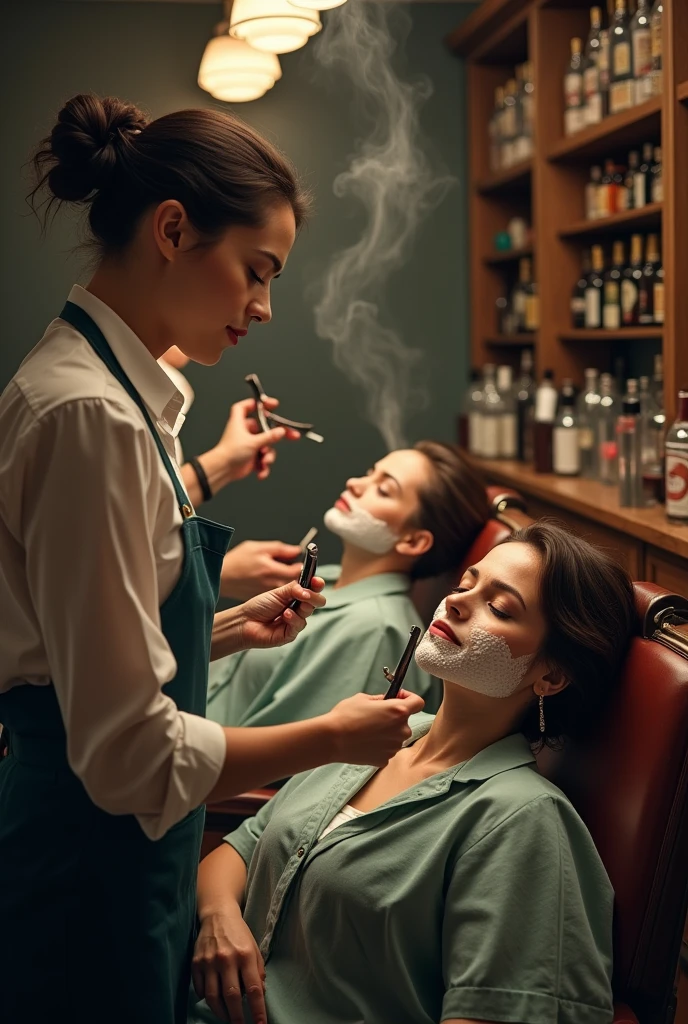 Women's face shaving in local barbershop