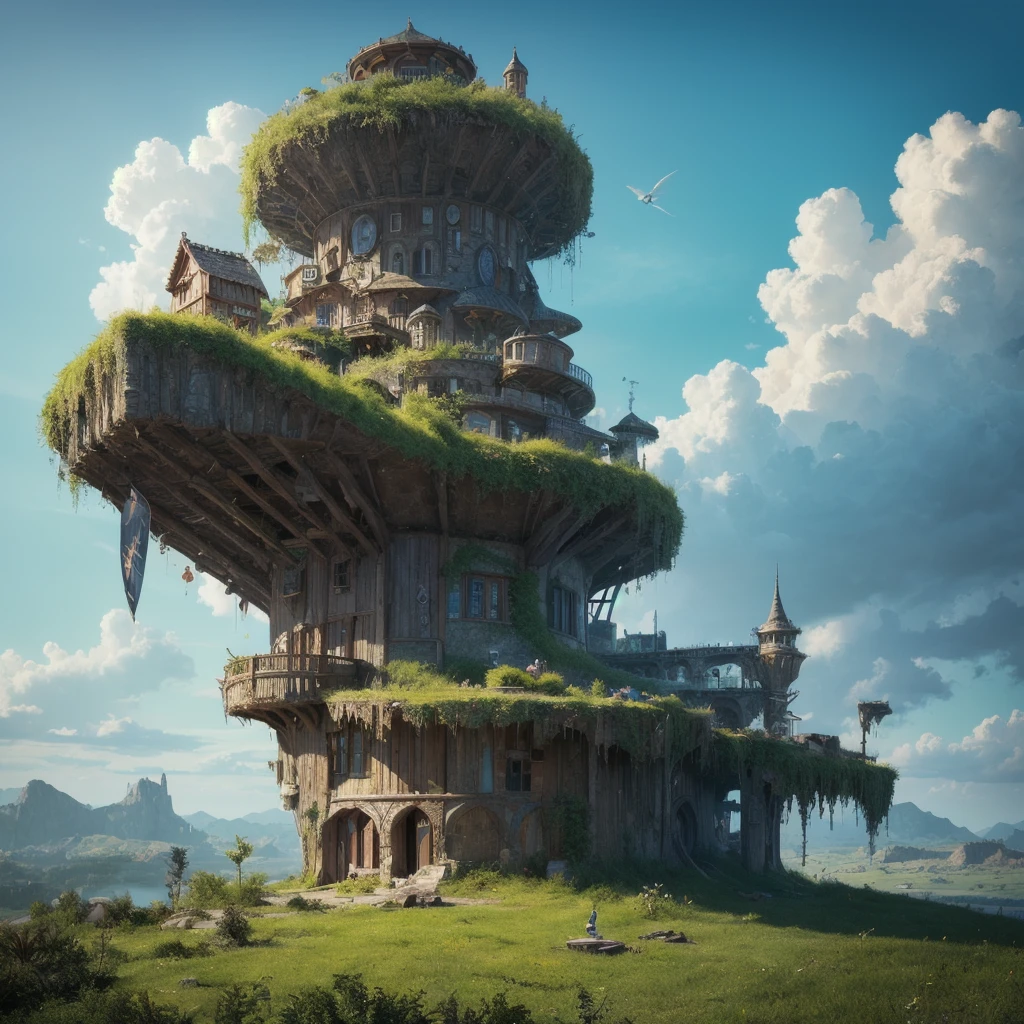 Eerie futuristic floating islands in the sky, City, Fantasy, (The villain's hideout), (cute), cute, cute, Anime Style, Technical, dark, interesting, Growth of magical plants, Extreme Detail, Realistic Light, blue sky, A magnificent composition, (Intricate details), (Intricate Design, Super detailed: 1.2), Art Station, (masterpiece, Highest quality), Ultra HD, 32K --v 6