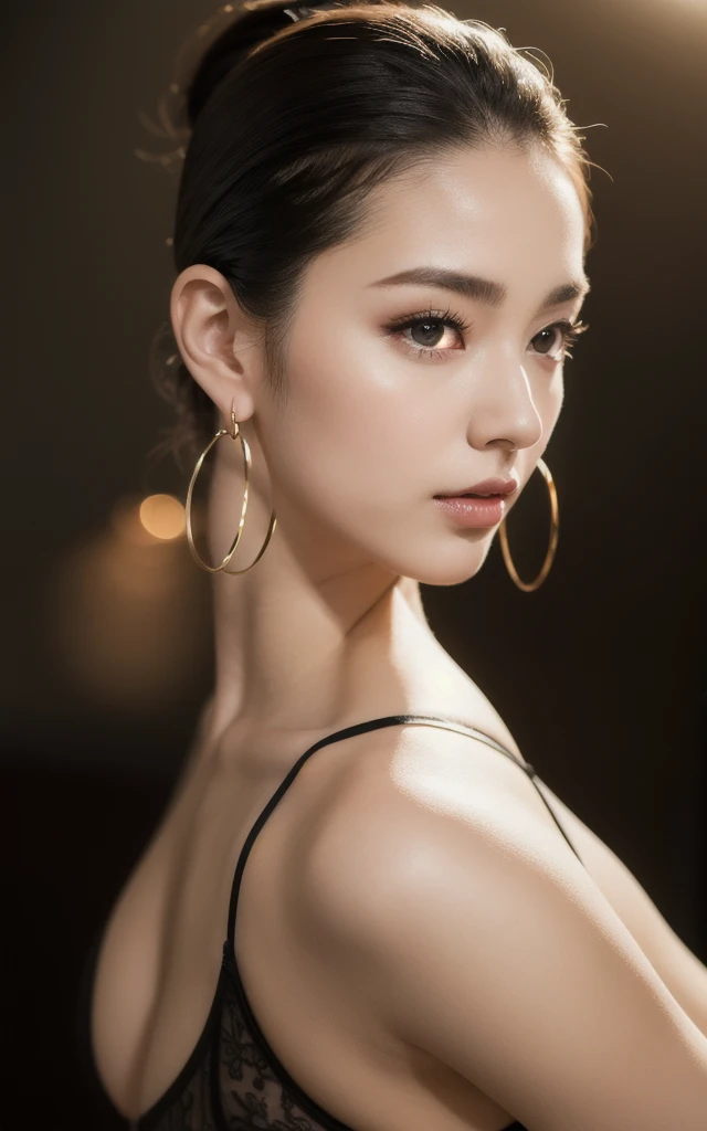 masterpiece, Highest quality, alone, One person, Glowing Skin, Hoop Earrings, glamorous, Whimsical details, Slicked back hair, Fascinating, Bare shoulders, Shallow depth of field, Contrasting, Professional Model, Facing forward, Portraiture 、Sexy black lingerie