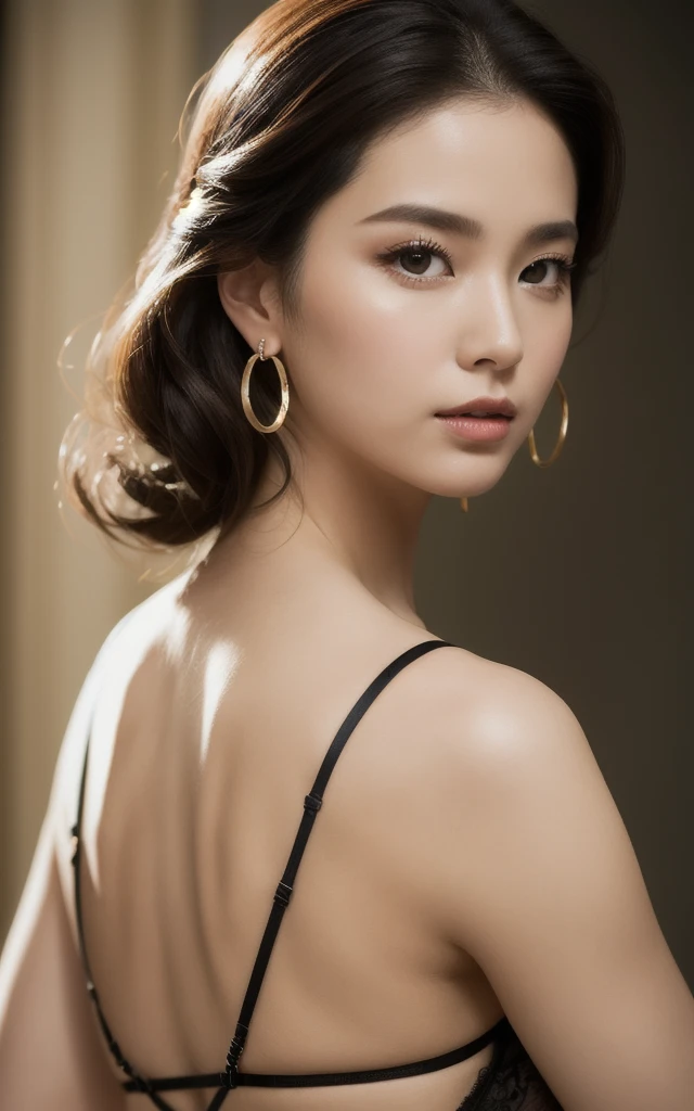 masterpiece, Highest quality, alone, One person, Glowing Skin, Hoop Earrings, glamorous, Whimsical details, Slicked back hair, Fascinating, Bare shoulders, Crop top, Long trousers, Shallow depth of field, Contrasting, Professional Model, Facing forward, Portraiture 、Sexy Underwear