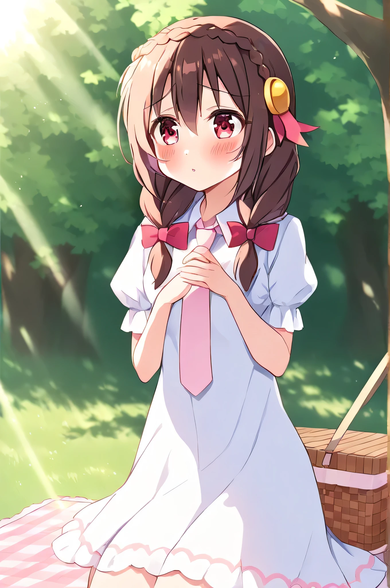 alone, One person, Yunyun, ♥、 (blush:1.5)、Crown braids of the same color as your hair、hair ornaments, Hair Ribbon, Pink tie, White dress, picnic、heart、♥、Sunlight filtering through the trees、I'm tilting my head.