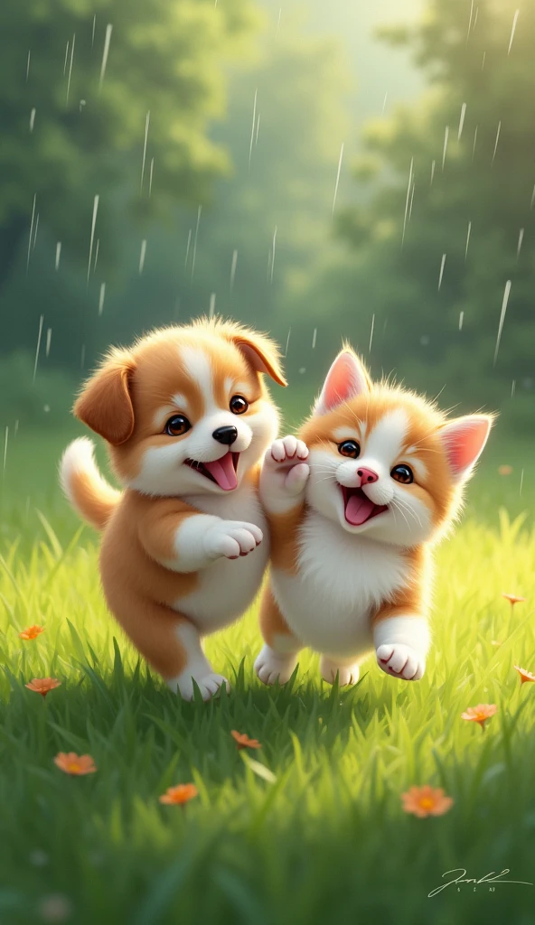 Masterpiece, best composition, puppy and kitten playing, laughing, on the grass, a little rain, puppy and kitten in the rain, happy expression, soothing. Beautiful details and colors.