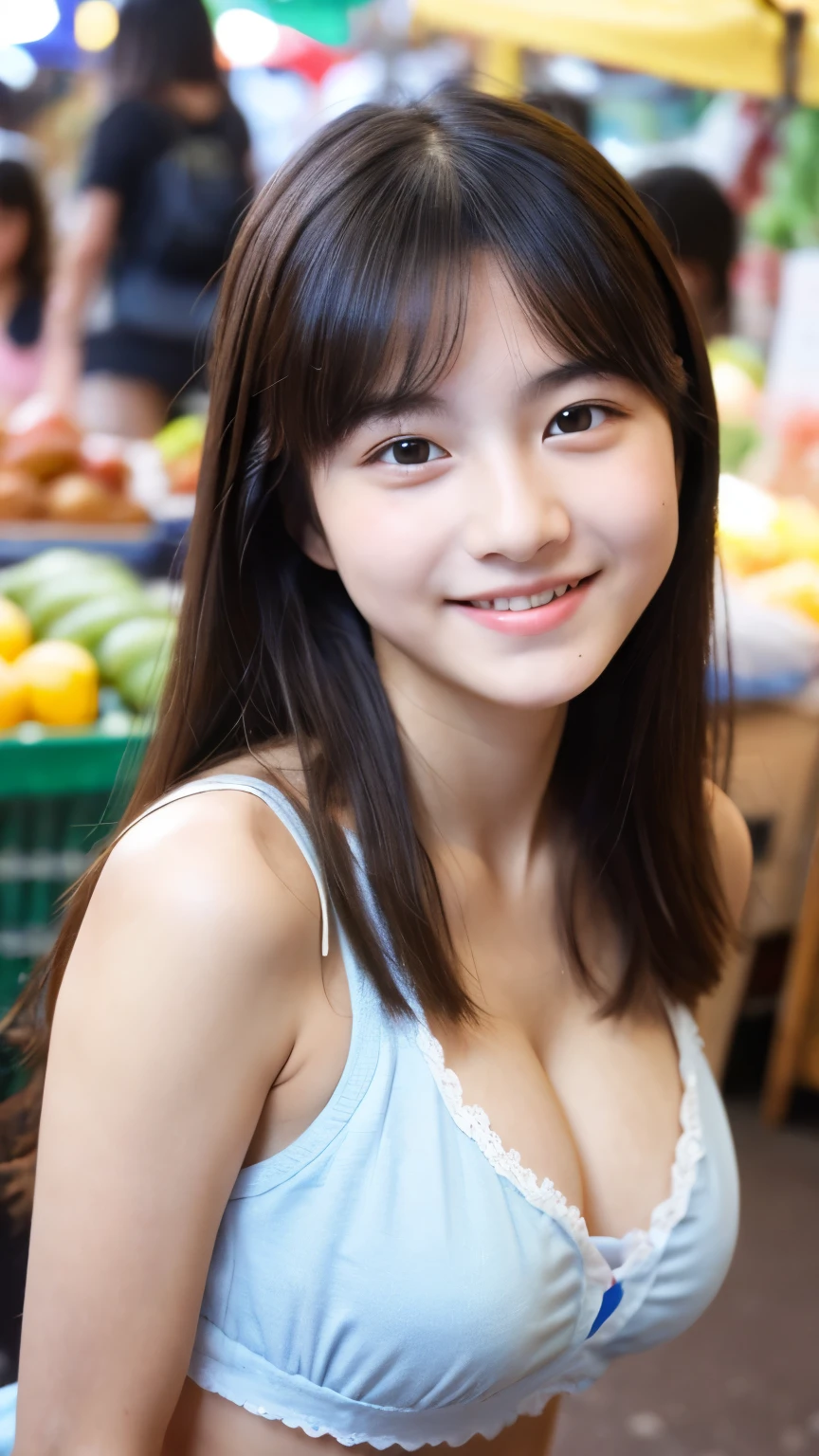 High resolution, masterpiece, 1girl, A very cute face like an idol, Looks like a young face, 18 year old, Gentle and cute, A kind smile, Cleavage, in the morning market, whole body, RAW Photos, Genuine, live-action, Artistic,