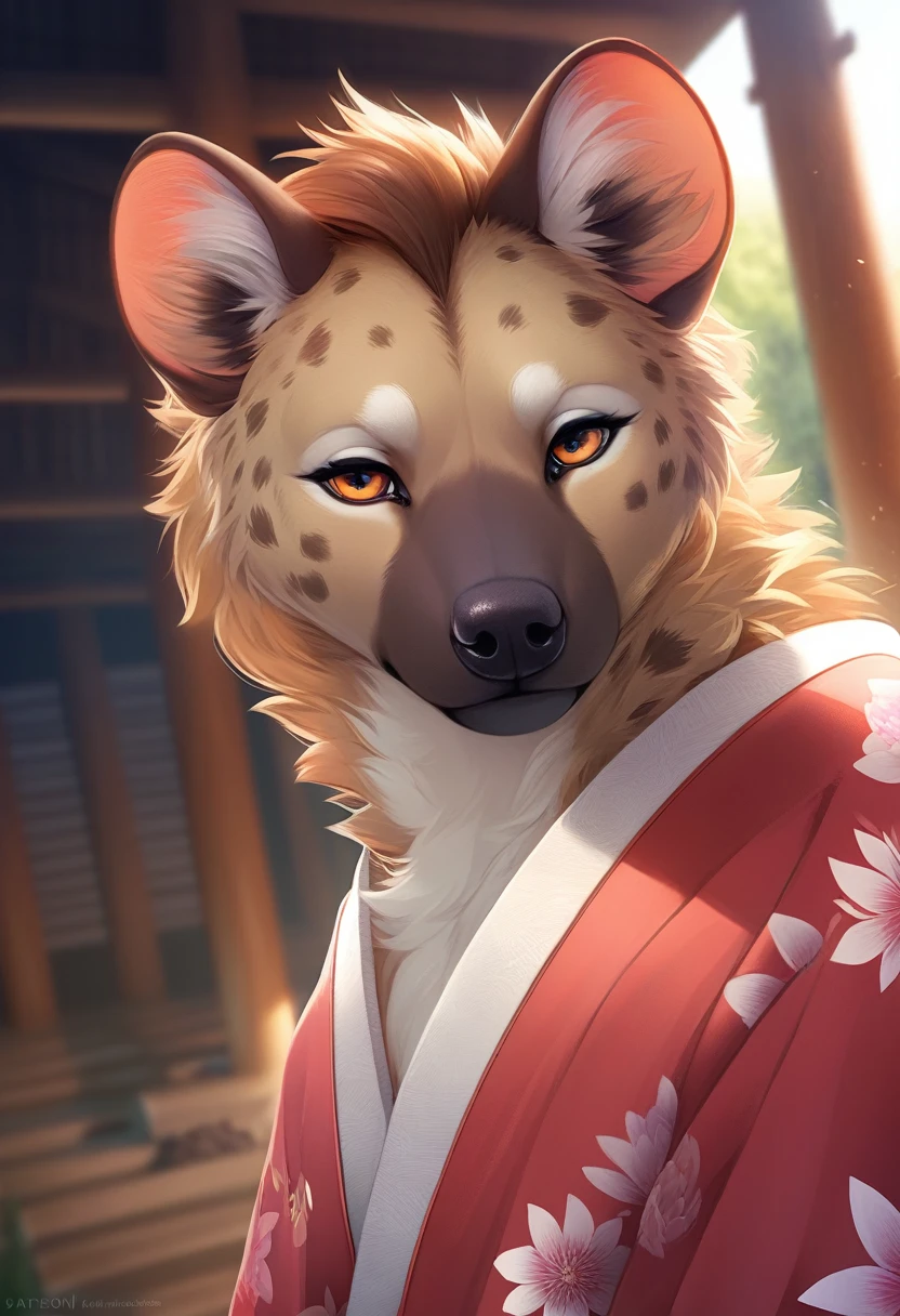 Masterpiece, Highest quality, Highest quality, Ultra high resolution, Detailed background(Very beautiful face and eyes), perfect anatomy(, Kimono, focus only),naked,(, hyena facial features, physical characteristics of a hyena,hyena'tongue),forest,Furry hyena,detailed fur rendering,slightly side view,(ยื่นtongueออกมา 1.5)