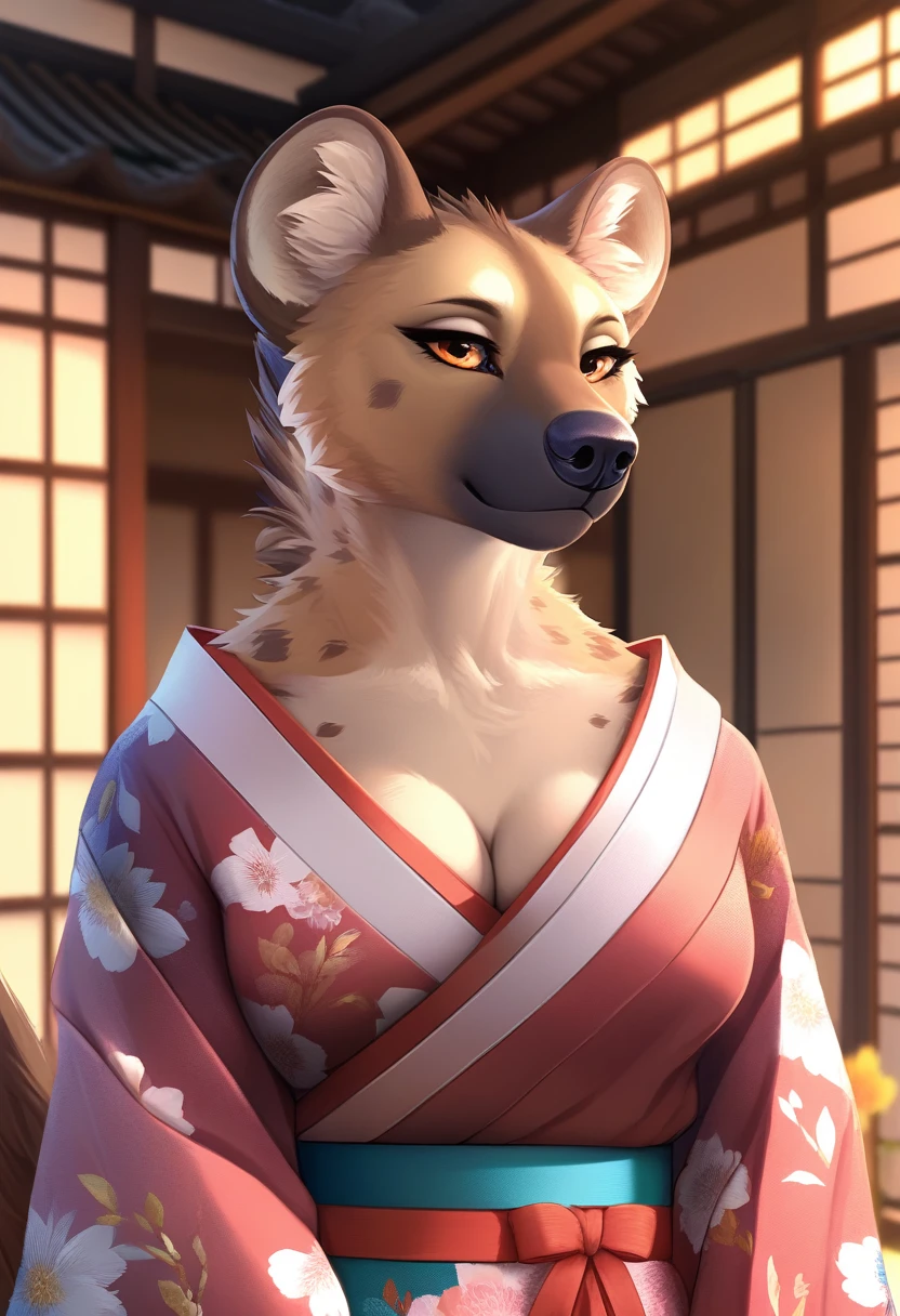 Masterpiece, Highest quality, Highest quality, Ultra high resolution, Detailed background(Very beautiful face and eyes), perfect anatomy(, Kimono, focus only),naked,(, hyena facial features, physical characteristics of a hyena,hyena'tongue),forest,Furry hyena,detailed fur rendering,slightly side view,(ยื่นtongueออกมา 1.5)