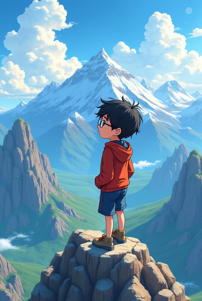 A boy who stand on a mountain and something thinking and facing on camera angle.The view from mountain is awesome. Boy wearing a glasses.Make the scene in 2D or anime type