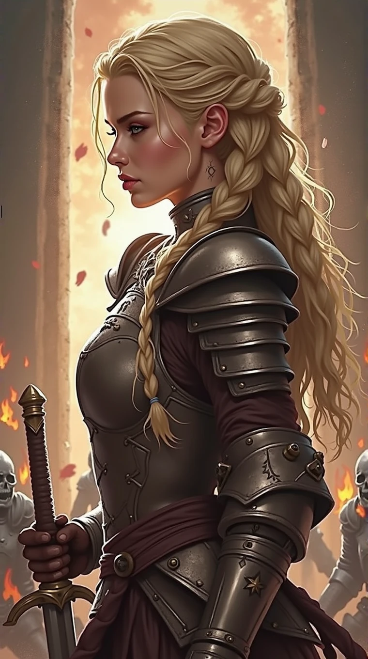 black fantasy, fierce atmosphere, blonde warrior, braided hair, pale skin, Musketeer's armor, sword held in one hand in the midst of an intense battle, fighting through flames and shadows, her sword cutting through the darkness, flames licking at her armor, but she remains unscathed, the ground is melted and cracked, shadowy figures trying to drag her down, but she stands strong, dynamic action shot with elements of fire and shadow