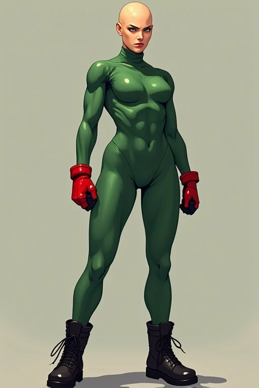 Cammy white bald no hair wear a green turtle neck Leo tard combat black boots red combat gloves fingerless 