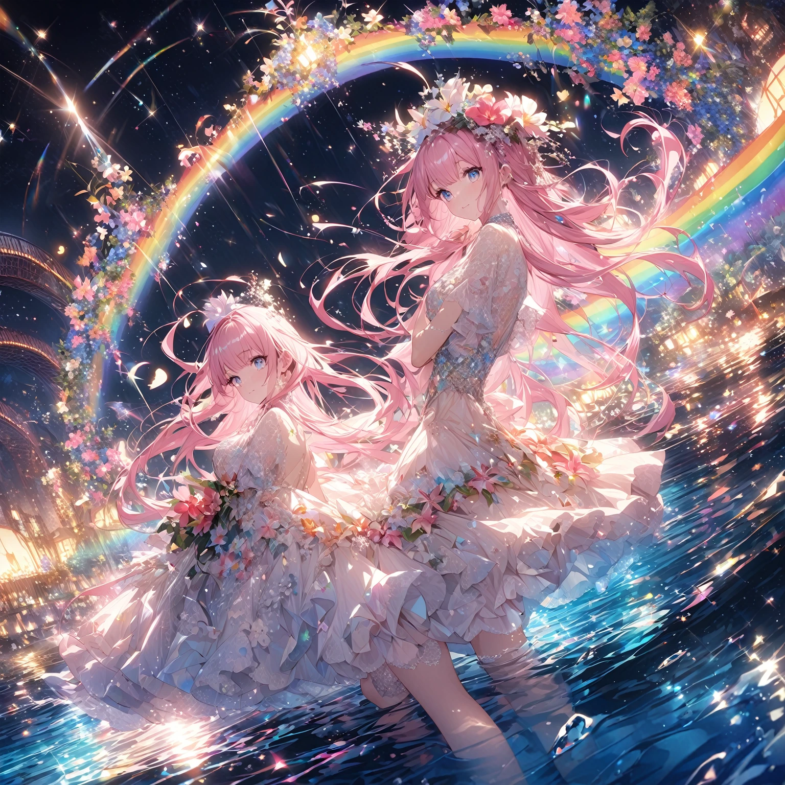 ``She has long pink hair and beautiful eyes.、Beautiful woman in an elegant and elaborate Hawaiian dress.For the dress、It needs intricate designs and patterns to give it a luxurious and classy look.。.background , The image is、The light reflected on the water surface、It should depict a romantic Hawaiian beach at night with an illuminated bridge beyond it.。, Enhance the sparkle effect and rainbow throughout the image. Enhance your looks、Add some special frills to your dress to make it stand out.”
