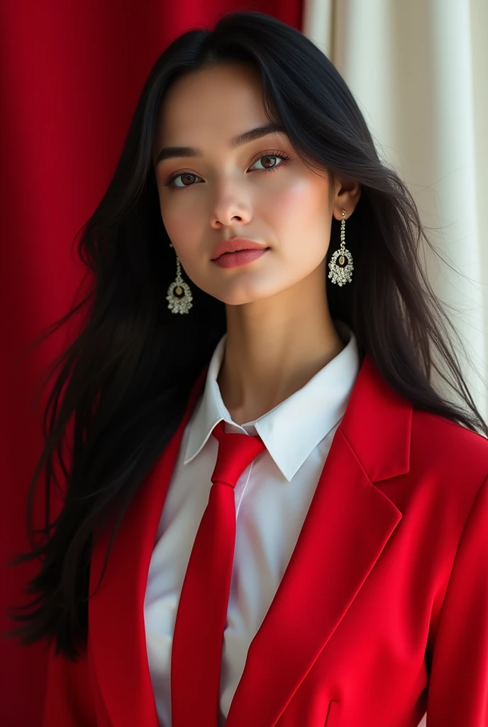 Portrait, Beauty Woman, Focus Camera, Black Hair, Long Hair, Earring, Shirt White, Blazer Red, Tie Red, model editorial poses, red and white cloth background