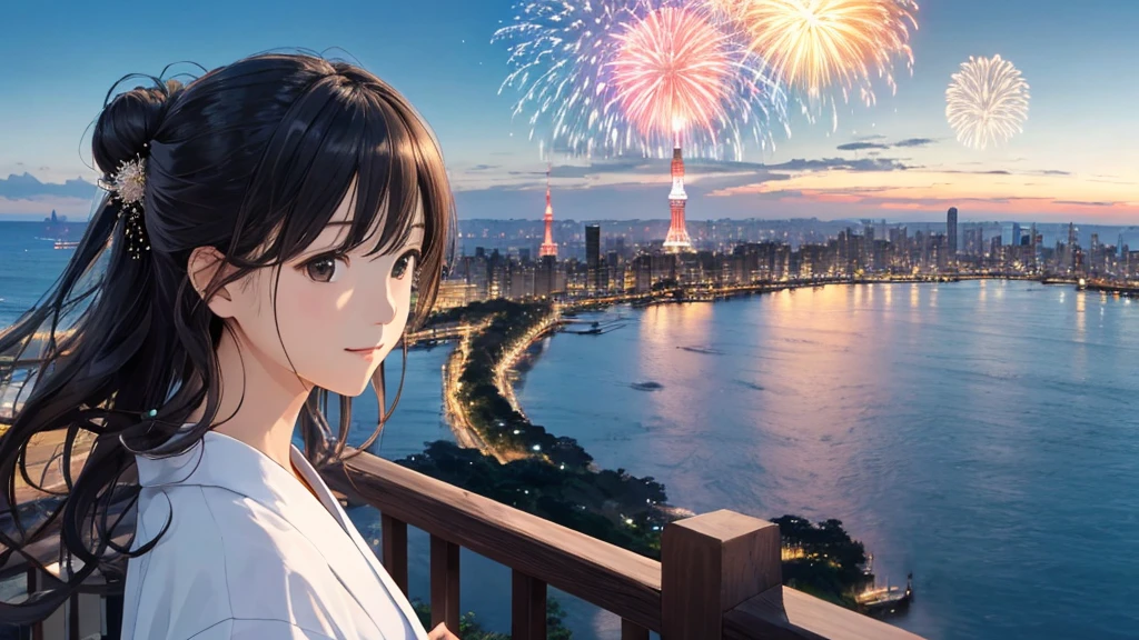 Shiraishi Mei, Looks exactly like Shiraishi Mei、solo、Bun Hair。Chignon、Time is night、Tokyo Tower in the background、Big fireworks、Oceanの方を向いている後ろ姿、Woman looking up at the sky ,Long Hair, Black Hair,, Photo from the side, Realistic, Highest quality, Detailed face, , Ocean, Embankment, Detailed Background,, Written boundary depth, Bokeh (Highest quality: 1.2), (masterpiece: 1.2), Watch Viewer, yukata ,Vision、(((Panorama:1.2)))