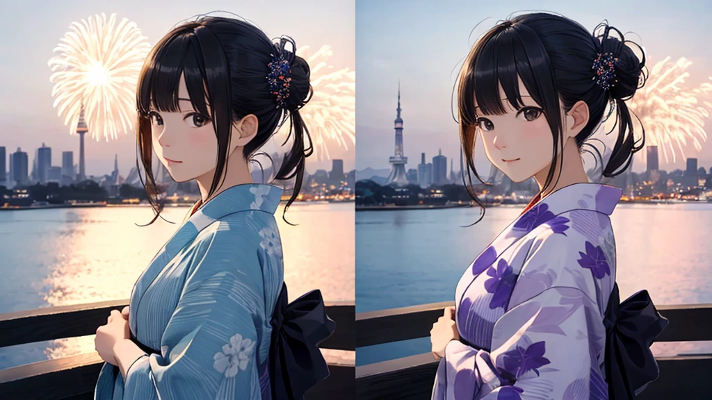 Shiraishi Mei, Looks exactly like Shiraishi Mei、solo、Bun Hair。Chignon、Time is night、Tokyo Tower in the background、Big fireworks、Oceanの方を向いている後ろ姿、Woman looking up at the sky ,Long Hair,  Black Hair,, Photo from the side, Realistic, Highest quality, Detailed face, , Ocean, Embankment, Detailed Background,, Written boundary depth, Bokeh (Highest quality: 1.2), (masterpiece: 1.2), Watch Viewer, yukata ,Vision、(((Panorama:1.2)))