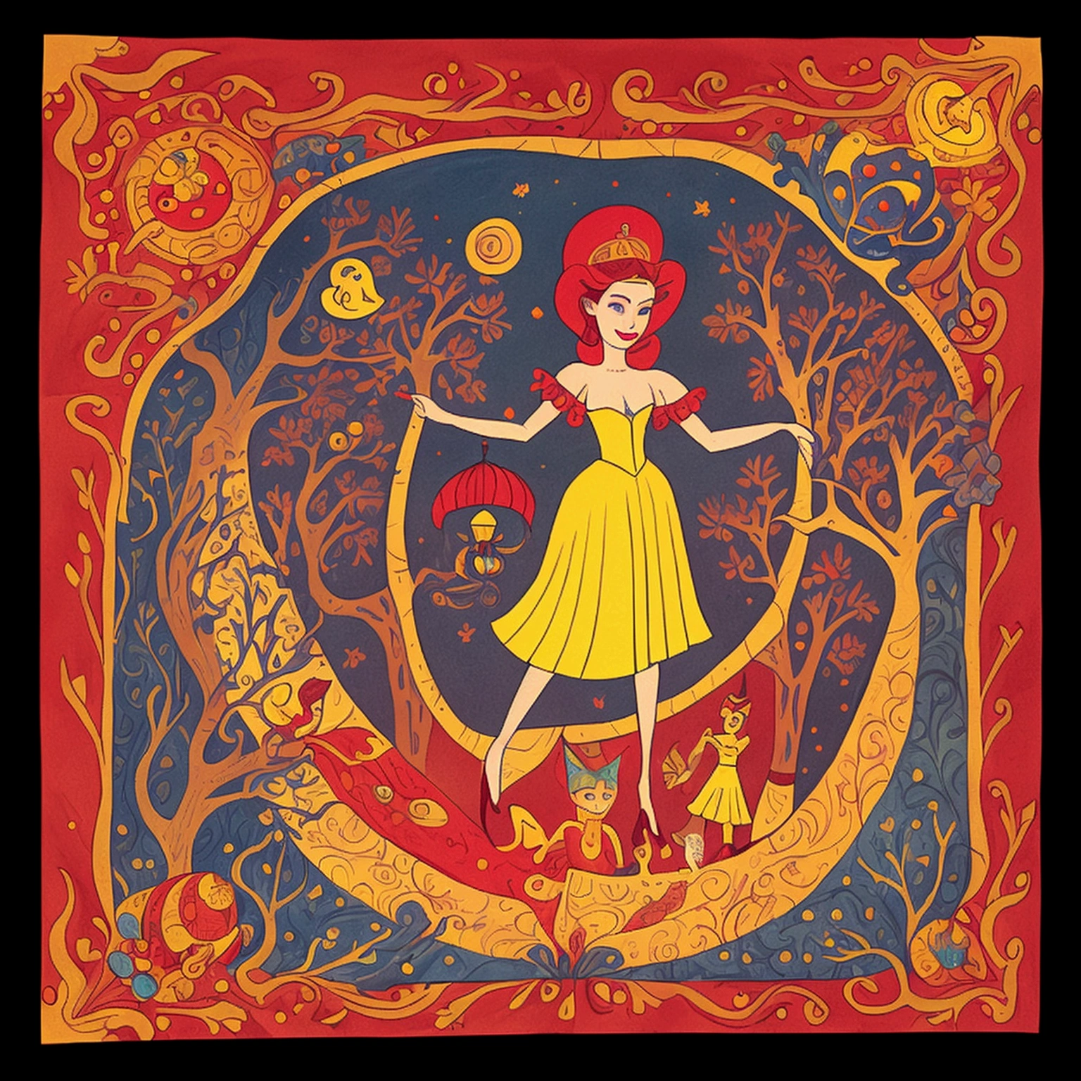 An illustration based on the Enchanted Circus, in the style of illustrator Mary Blair.