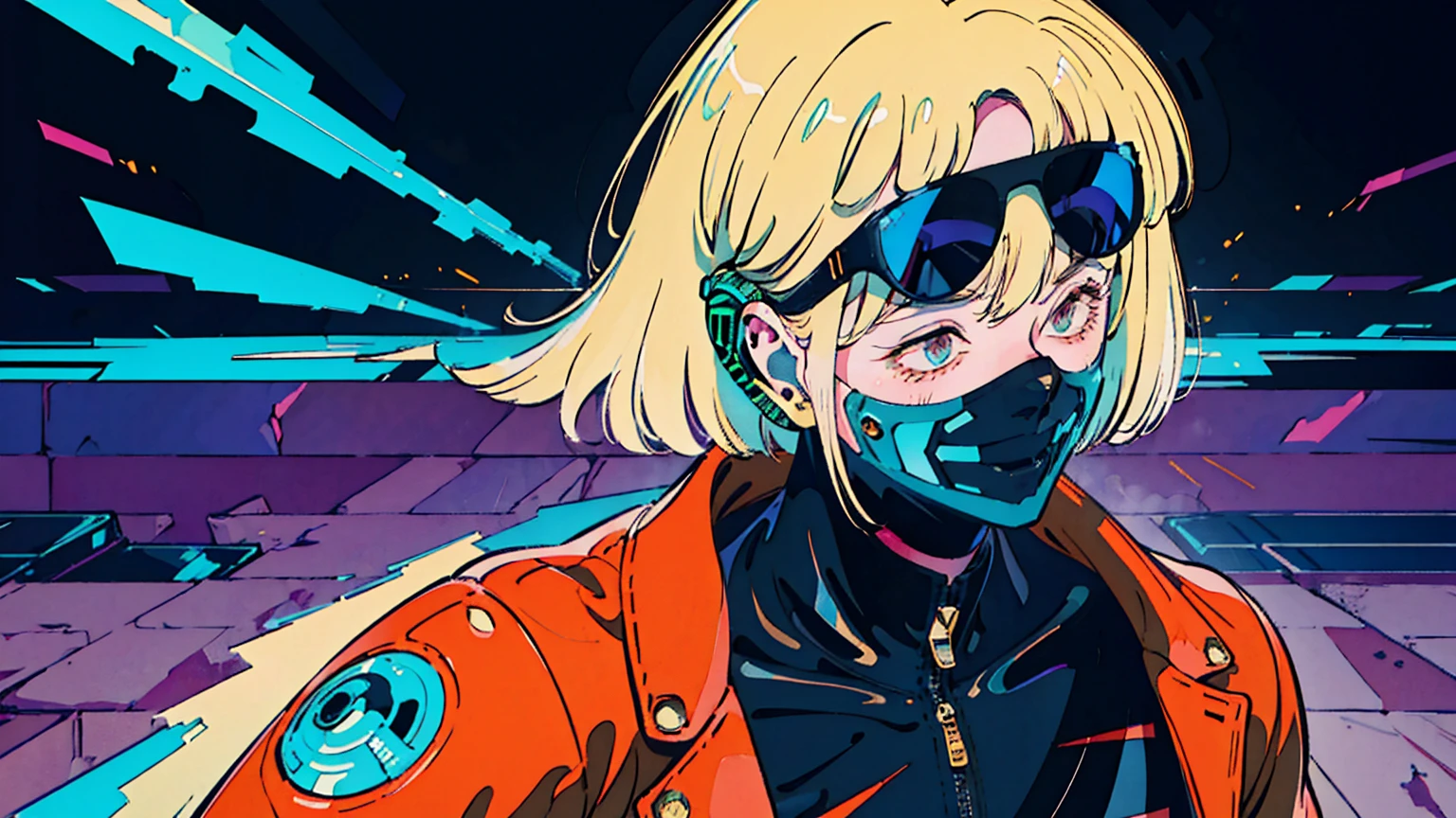 Riding a black Akira bike,Escape to the Future,cyber punk, Beautiful Korean Women、Ash Blonde Hair, headphone, He is wearing a leather jacket and red sunglasses., Riding a black Akira bike,Escape to the Future,cyber punk,Female punk singer, lofi ,run,,Harry Clarke style,(Ashley Wood Style:1.4), (Double exposure:1.4),Thrilling footage released,cyber punk vaporwave,Holographic Projection,(tracing,Dynamic Action:1.8)