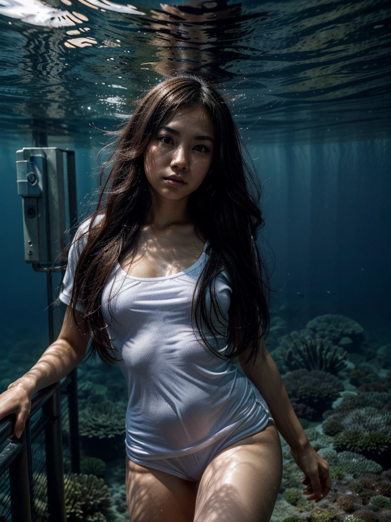 (Name: Reina Walker), Pretty 1.2, Beautiful Perfect Eyes 1.2, Wearing White Clothes and Tight Blue Lines, Being in an Underwater Base, 25 Year Old, Japanese American.