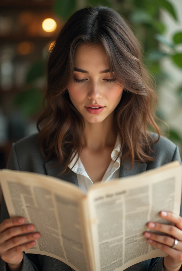 Beautiful girl with wavy short hair, reading news paper in a peaceful location looking like a big journalist