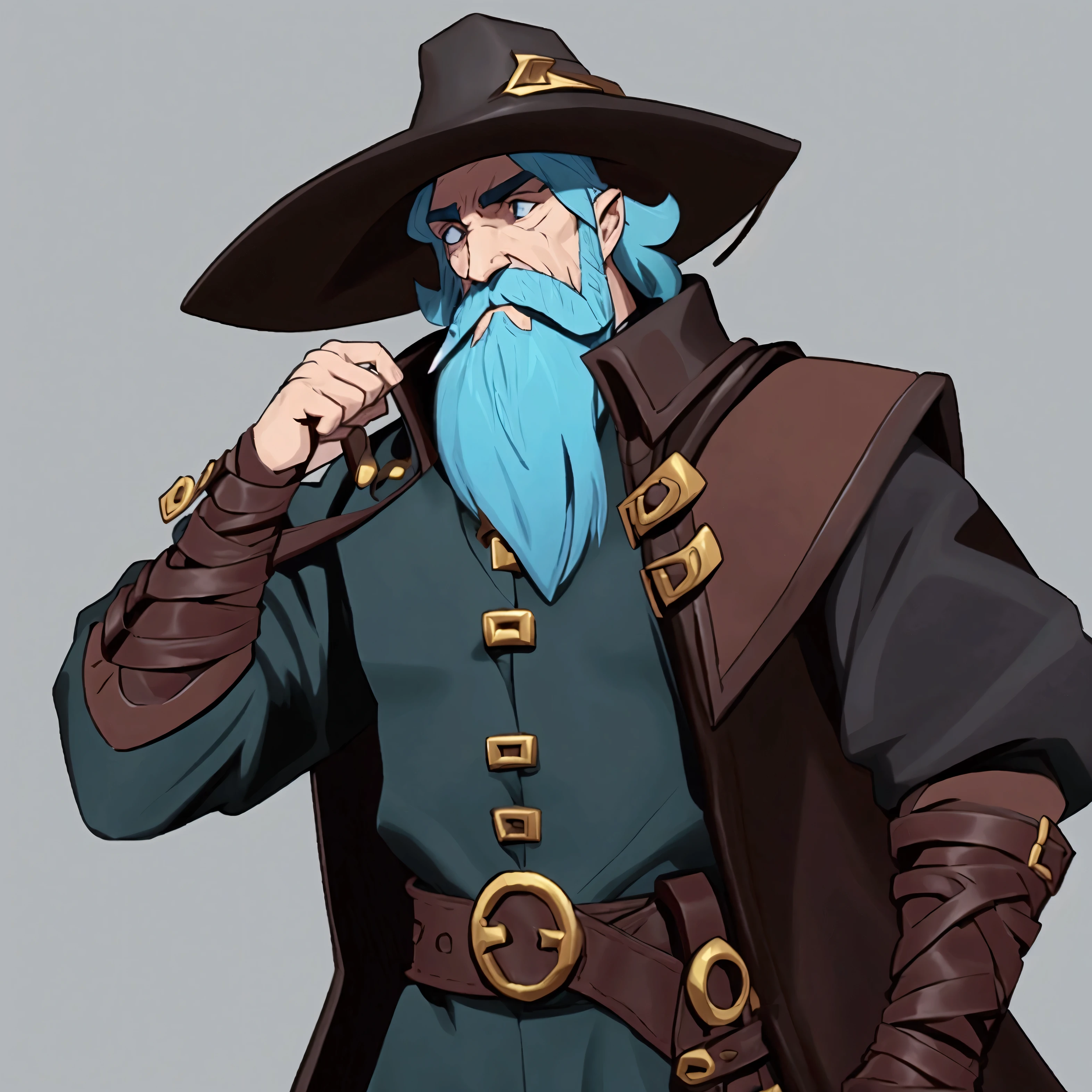 concept art, European and American comics, game character design, RPG Fantasy Game Characters, 1boy, solo, European male in his 30s, Male-centric, Light blue hair, The mustache and beard are short., Hair length reaches the neck, Wizard Outfit, A light gray outfit, The wizard hat has a brown belt decoration in the middle. The wizard hat looks similar to an explorer's hat. There is a brown leather cover from the shoulder to the chest area. The leather is spread out on both sides of the chest and there are decorative lines connecting both sides in two rows. Wearing brown arm guards on the arms, Holding a wooden stick with a jewel at the end, Wearing a brown belt three times around the waist, The belt has pouches and bags hanging from it. Zoom in on the upper body