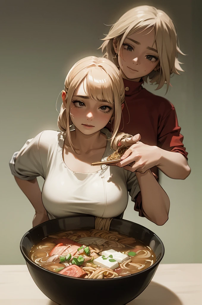 (Realistic)、(Highest quality、Highest quality、Masterpiece、High resolution)、One Woman、(She makes ramen with her own hair:1.5)、(Using her own hair instead of noodles:1.5)