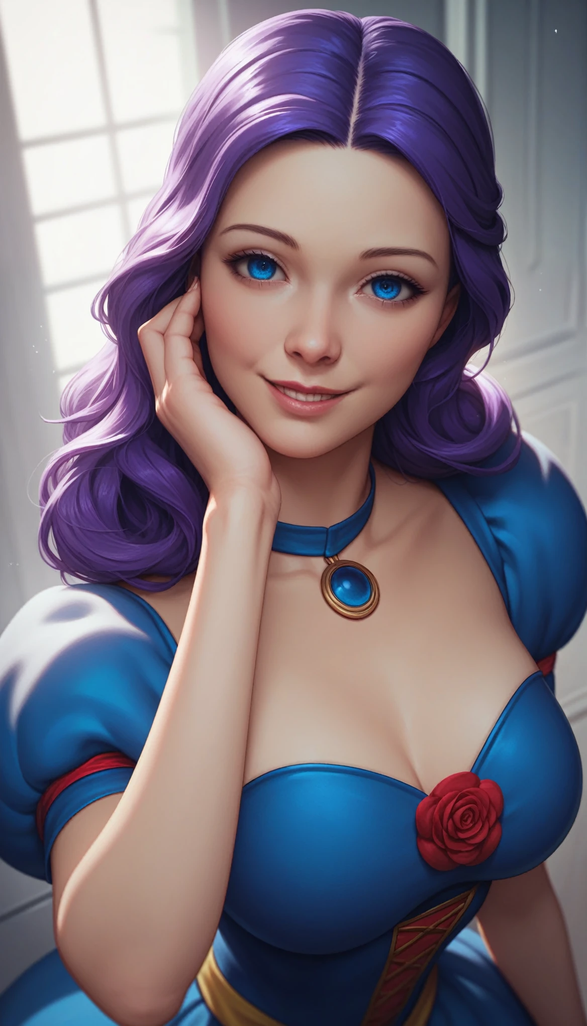 ((best quality)), ((highly detailed)), masterpiece, (detailed eyes, deep eyes), (1girl), dynamic angle, cowboy shot, mlprarity, woman, smile, looking at viewer, ((bright purple hair)), ((blue eyes)), wearing a snow white dress, elegant pose