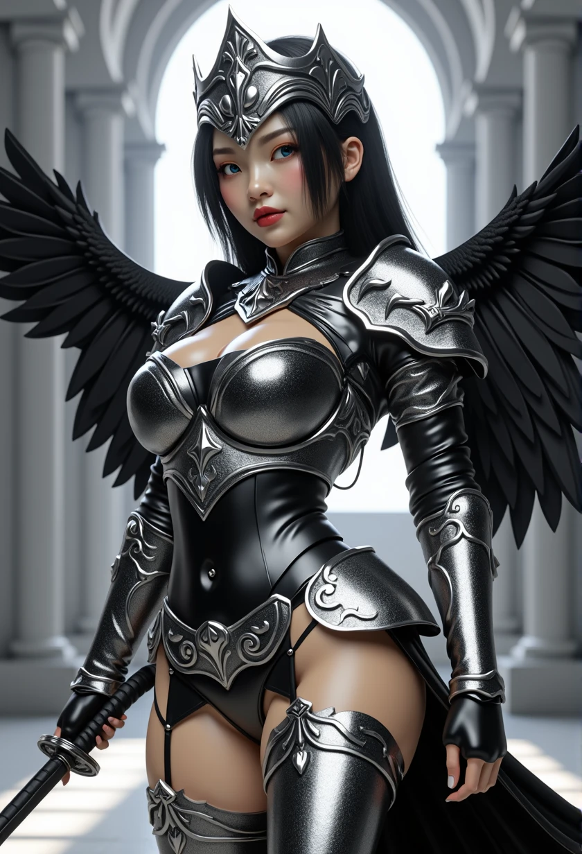 1fullbodyimage of a extremely cute Japanese young woman with albino skin and flowing hair, wide hips, well rounded legs, in a black and silver miniskirt outfit with black wings wielding a katana, Beautiful round breasts, Glossy lips, Perfect abs, (Perspectiveal), Tight waist, Inner seam, hourglass body shape, navel, Blush, Voluptuous, huge breasts, tight top, beautiful dark angel girl, warrior angel, villainess has black angel wings, angel knight gothic girl, angel in glossy metallic black and silver armor, crown in armour, stuning fantasy 3 d render, angel knight girl, cinematic volumetric lighting, ultra realistic, shot with Sony Fx6, (Glossy albino skin: 0.8), (Masterpiece: 1.4), (Best quality: 1.4), Natural(Big:1.25), Glossy lips, Perfect abs, (Perspectiveal), Tight waist, Inner seam, hourglass body shape, navel, Blush, Voluptuous, huge breasts, tight top, cinematic volumetric lighting