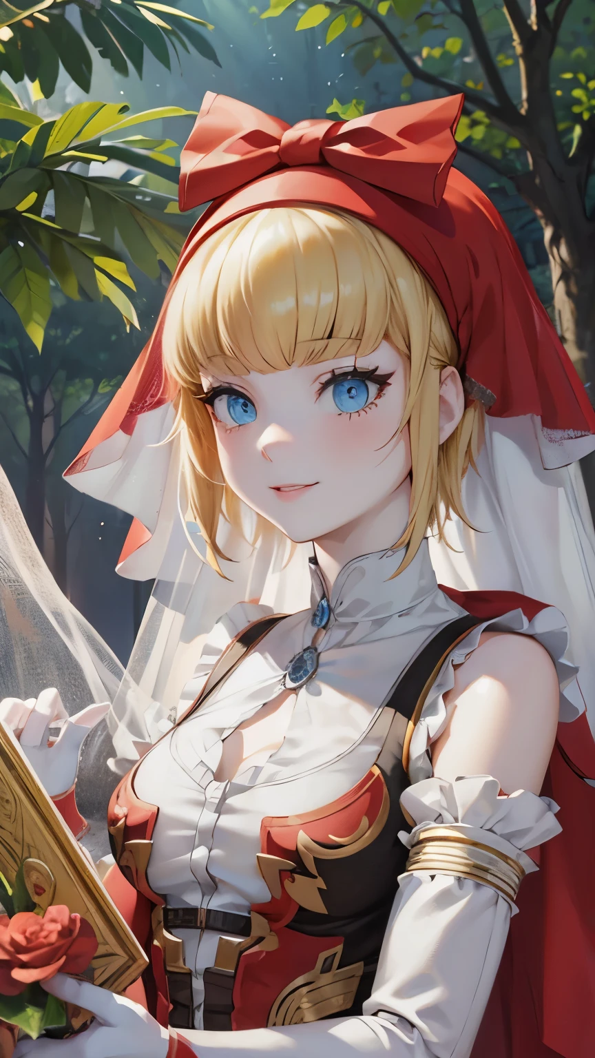 Photo of a girl in a red dress,((masterpiece, Highest quality, Highly detailed CG, unity 8k wallpaper )), CG society hot topic, Fantasy art, 8K high quality, detailed art, Glowing Skin,smile,Perfect Face,Blonde,short hair,High resolution decoration,Wearing lavish ornaments,Red hood with a ribbon,blue eyes,Very long eyelashes detail, (Pale skin:1.2), (alone:1.2),  thin,  Outdoor, Veil, (赤いVeil:1.3), Long gloves,Shoulders out