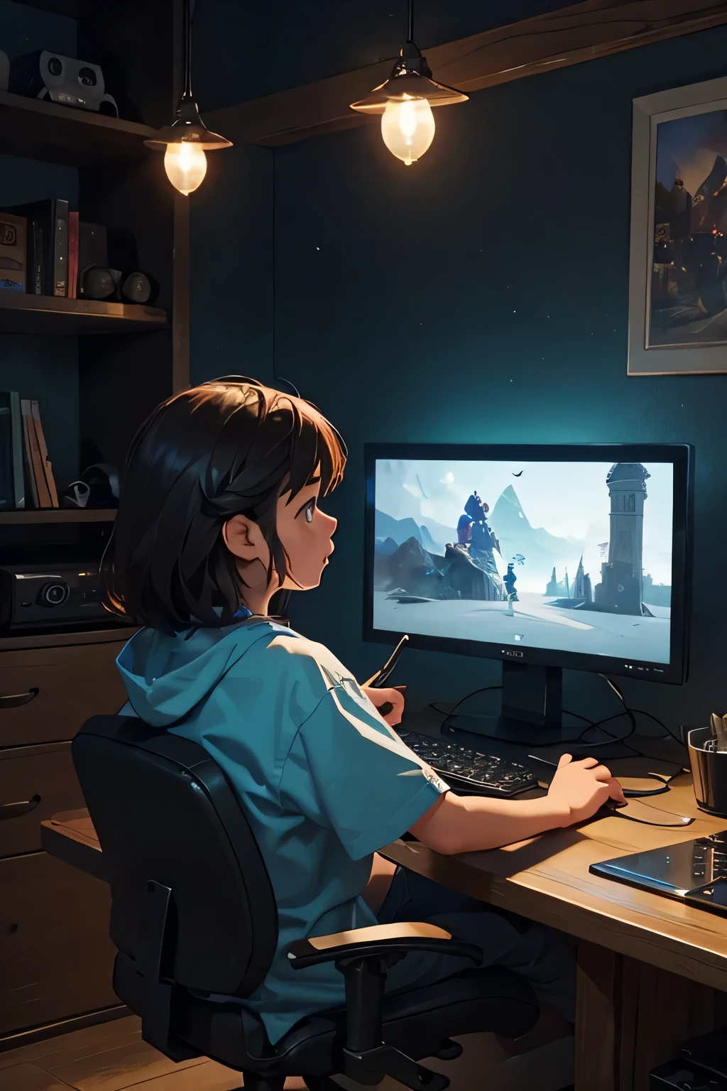 One beautiful little bird, one girl operating a computer, AI robot, book cover, illustration, library