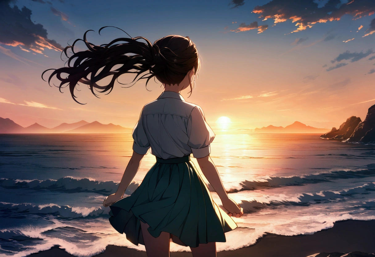 Highly detailed CG Unity 8k wallpaper), coastal,Beautiful young woman in sunny weather, Shouting towards the sea、Back view,skirt, stand, Brush your hair up、full_body, dramatic, バックLight, Light, Volumetric Lighting, Simple Background、sunset、horizontal line、