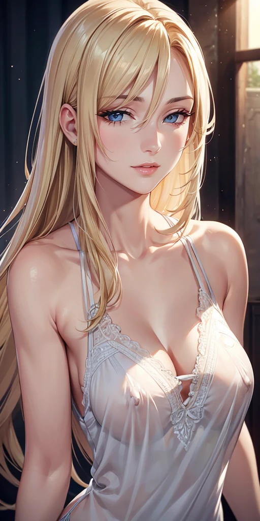 nsfw,Elegant mature woman, Mature Woman, Long blonde hair, blue eyes, Soft Light, Detailed, 4K resolution, high quality,Sheer camisole,Small breasts,Pointed breasts facing upwards,アDetailed瞳