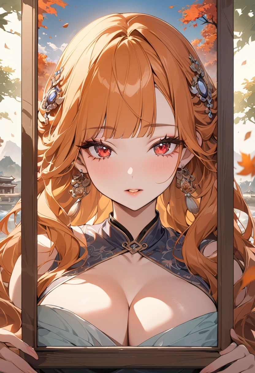 ((best quality)), ((Masterpiece)), (details), Young woman, (big breasts, orange hair, red eyes, ((My hair is very long., Long wavy hair)), (Bangs:1.3) , curve, large breasts, huge breasts, beautiful face,  Beautiful skin , Long eyelashes, Thick eyelashes) , riverside and rock or temple or bridge, extremely clothes,  Chinese Hanfu Style, Swaying with the wind, Surrounded by falling leaves, beautiful hair jewelry, earring jewelry, Head and hair jewelry, antique jewelry,Hanfu ancient background ,Close-up,perfect lighting, ดวงตาที่มีdetails, a portrait photo,looking at viewer,