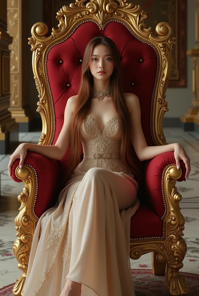 A beautiful girl in palace with embroidery full dress and long silky mahogany hair on king seat named jia on image