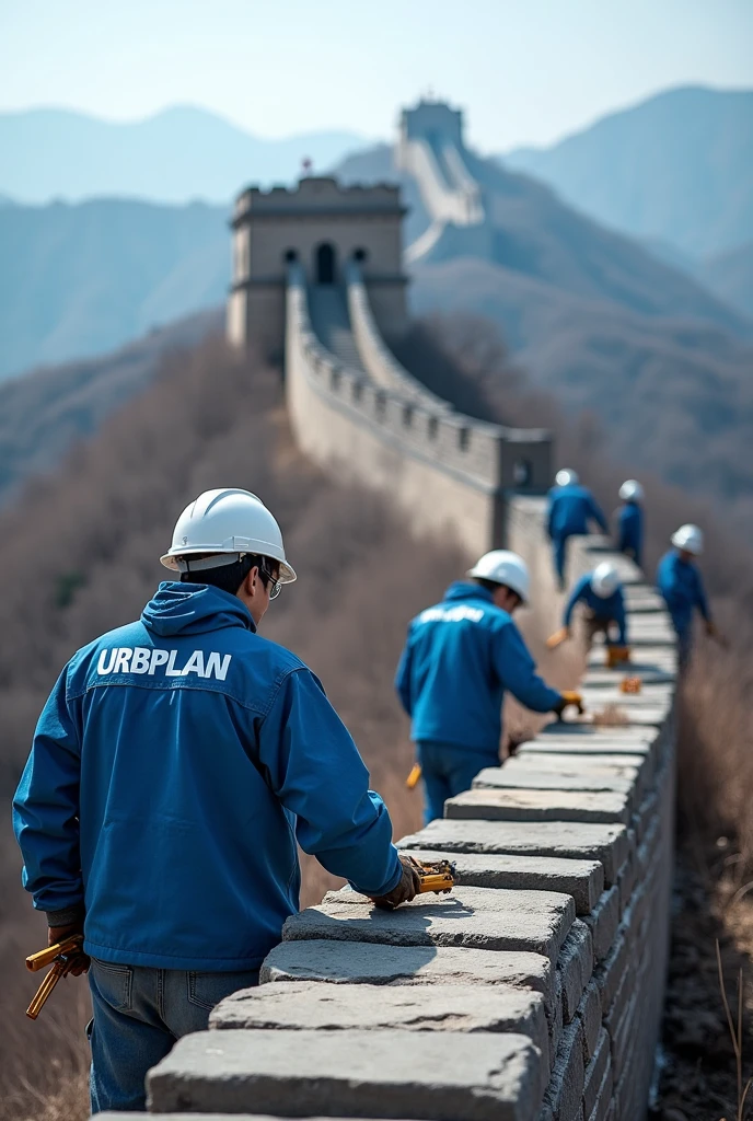 Develop a realistic 4K image of the Great Wall of China under construction. Workers should be wearing Personal Protective Equipment (epis) in blue color, with the name 'URBPLAN' written in white on the helmets. The wall should be partially built, with workers positioning stone blocks and operating tools. The image should have predominant colors in shades of blue, creating an environment that blends the historical with the modern, Maintaining a high level of realism