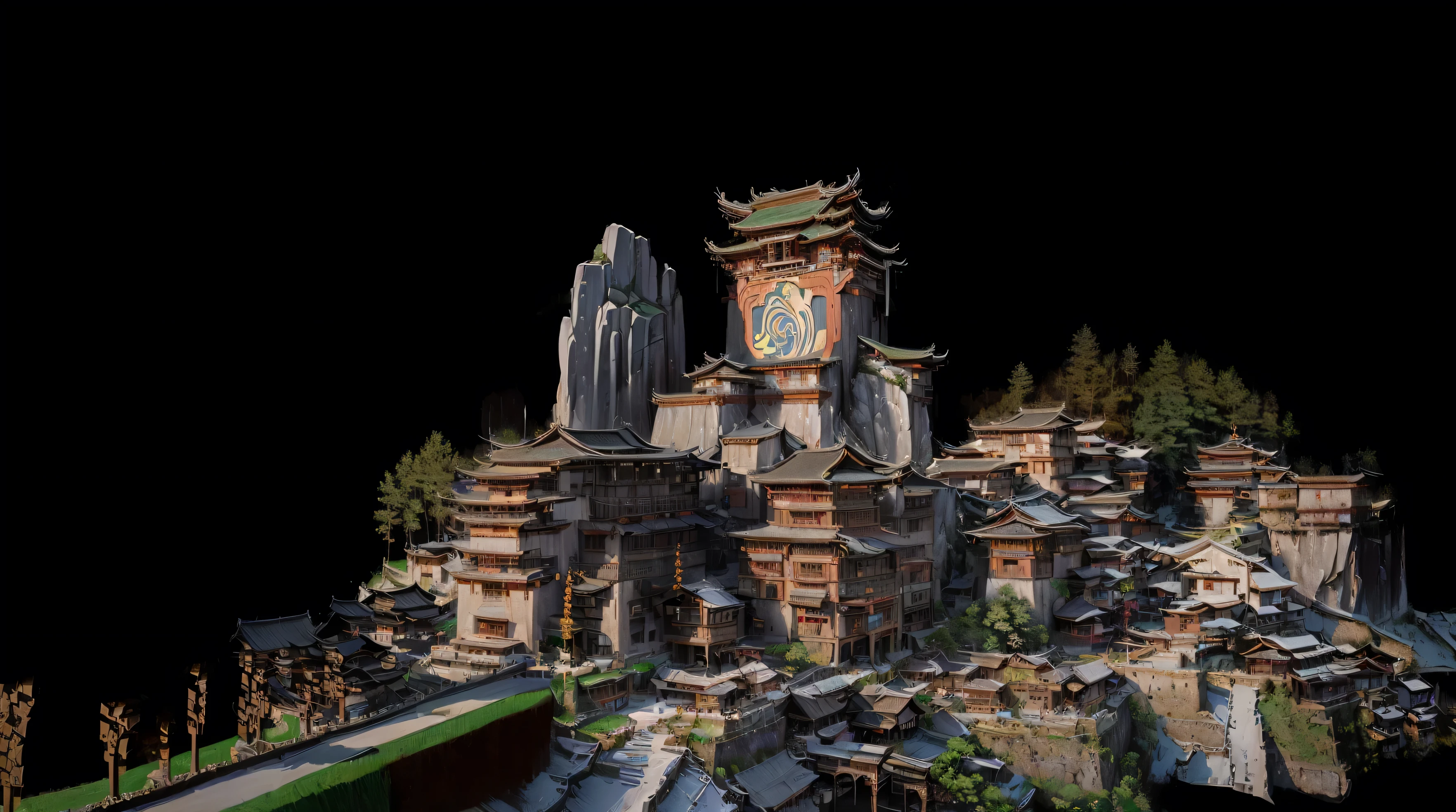 ((best quality, masterpiece: 1.2)), CG, 8k, Intricate details, cinematic perspective, (No one around), Miao ethnic village,Guizhou City Fortress， #Concept Art #Concept Artist #visual art #visual art #Beautiful Art #illusory #magic #mystery #Fantasy Art #Fantasy World #peaceful #Otherworldly #surrounding #beautiful place #Landscape Art #wallpaper, ((Soft and elegant colors)), ((Finely crafted compositions)), Miao ethnic village,Vast forest, highly Detailed rendering, very Detailed rendering, fully Detailed rendering, Sci-fi fortress, High rendering with illusory5 engine, Rendered using illusory 5, Detailed and complex rendering, super Detailed rendering, Dreamy Chinatown, Detailed rendering