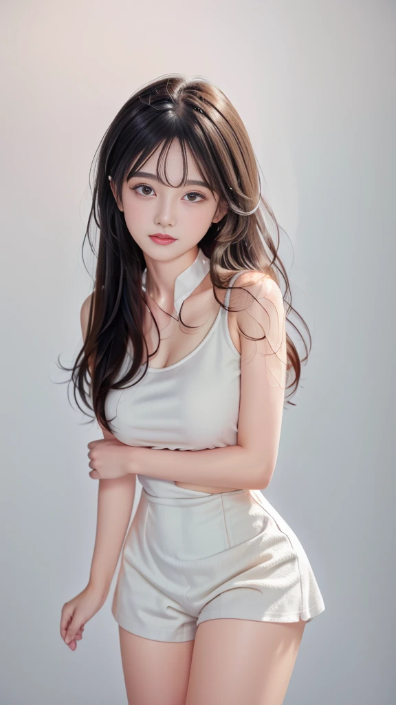 namie amuro, solo, woman, , (parted lips,light smile),(shiny skin:1.1), blush, skindentation, (thin body), tall, long legs, sun tan skin, wearing a green top and jeans barefeet and earrings, looking at the camera looking ahead, on stage portrait, photo referenced, best quality, ultra high res, (photorealistic), (detailed face and eyes),