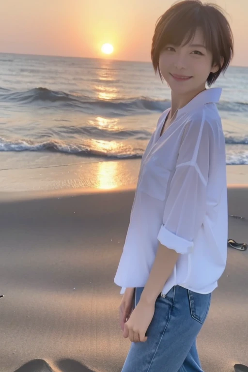 1 japanese woman, short hair, wearing white shirt, short denim, at beach, smile, sunset