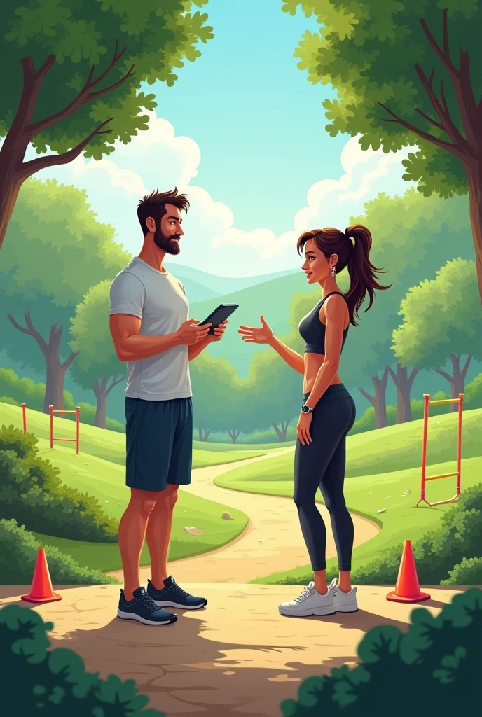 A male physical education teacher giving a physical test to a woman in the park.