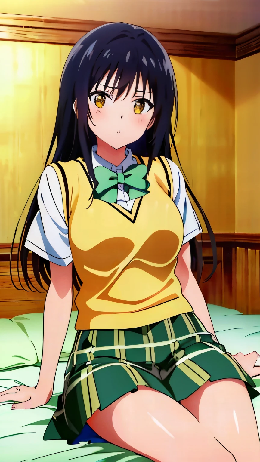 (masterpiece, Highest image quality, highest quality, 8k:1.3), (anime:1.1), Yui, Black hair, Yellow sweater vest, white shirt, short sleeve, green bow tie, plaid mini skirt, Large medium breasts, vivid color,(indoor, Bedroom;1.3), blue sky, sitting on the bed,embarrassing, looking at the viewer, cowboy shot,