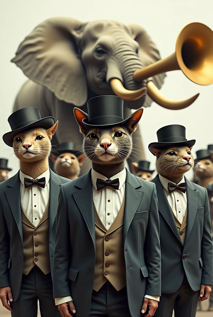 Drawing of animals wearing suits covering their ears while an elephant plays the trumpet