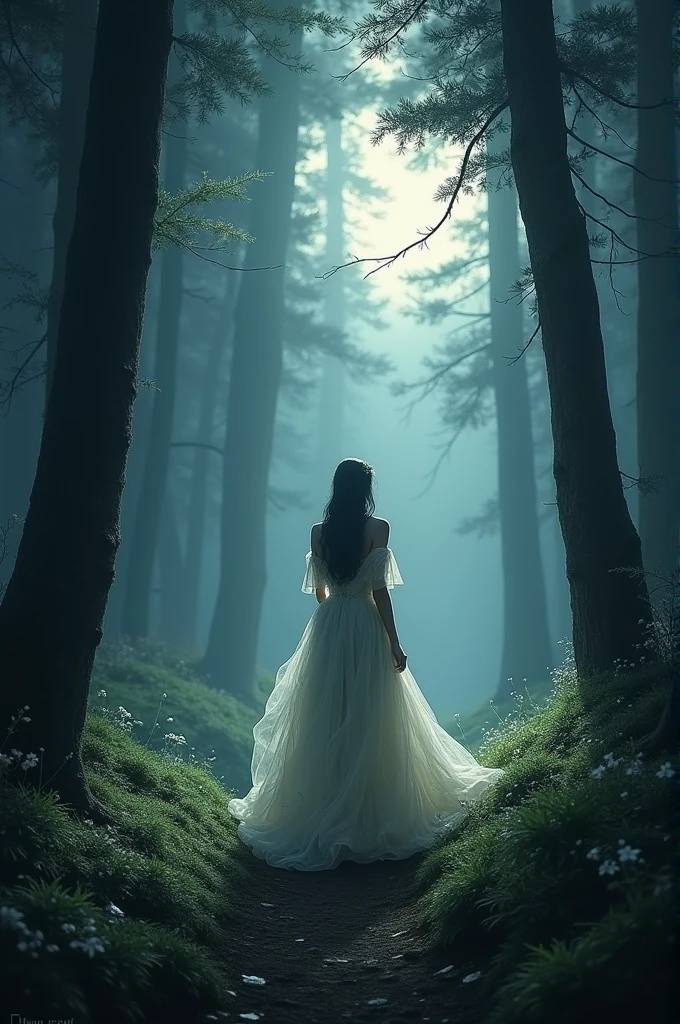 A queen is walking in the forest at night