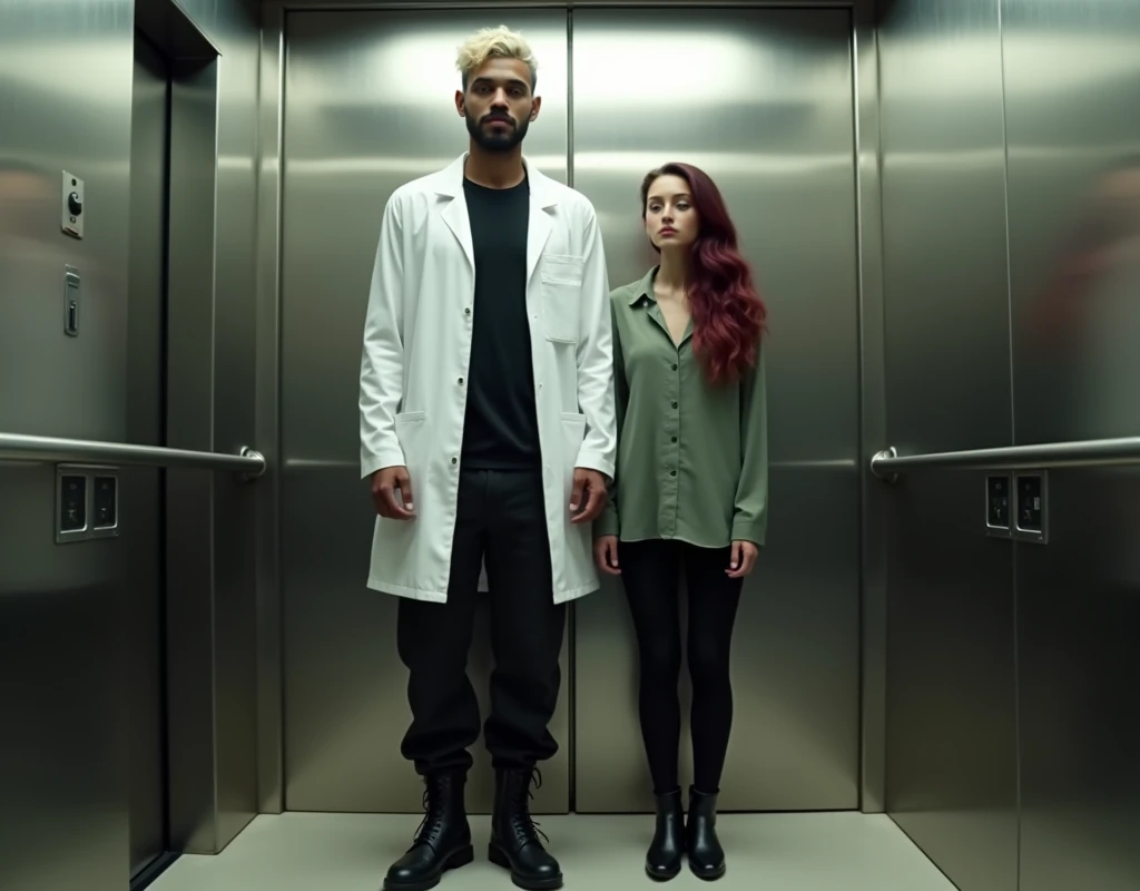 Very tall attractive Arab man (height exaggerated:1.9), standing inside an elevator. He has platinum blond wavy swept-back crew cut hair, dark skin, long black stubble, wearing a white lab coat over a black t-shirt, black cargo pants, and black boots. Next to him is a very short young woman (170 cm tall, reaching only to the man's mid-shoulder), with pale skin, vibrant maroon side-parted long wavy layered hair. She is wearing a soft green silk work blouse, low-rise black pants, and black boots. Hip shot, cinematic.