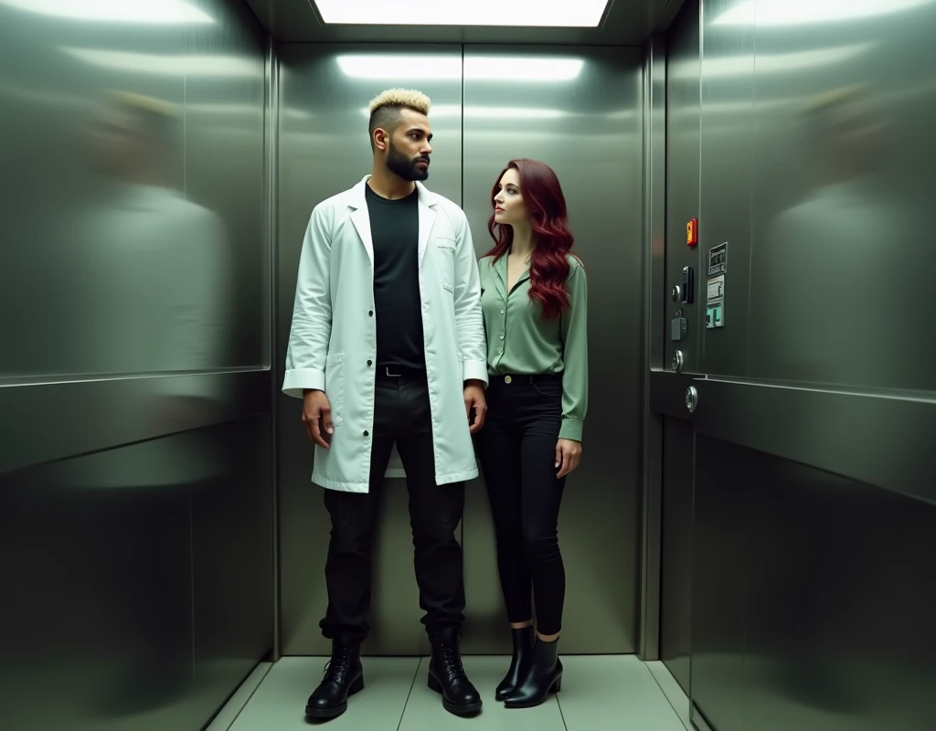 Very tall attractive Arab man (height exaggerated:1.9), standing inside an elevator. He has platinum blond wavy swept-back crew cut hair, dark skin, long black stubble, wearing a white lab coat over a black t-shirt, black cargo pants, and black boots. Next to him is a very short young woman (170 cm tall, reaching only to the man's mid-shoulder), with pale skin, vibrant maroon side-parted long wavy layered hair. She is wearing a soft green silk work blouse, low-rise black pants, and black boots. Hip shot, cinematic.