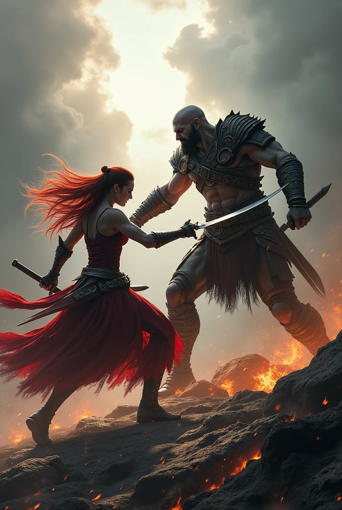 best quality, oni, red skin, red hair, ponytail, red beard, fangs, fury, samurai armor, skull necklace, hand weapon, spiked mace, fight, attack, blood splash, anime style art, fly, clouds, blue sky, 8k, daylight --auto