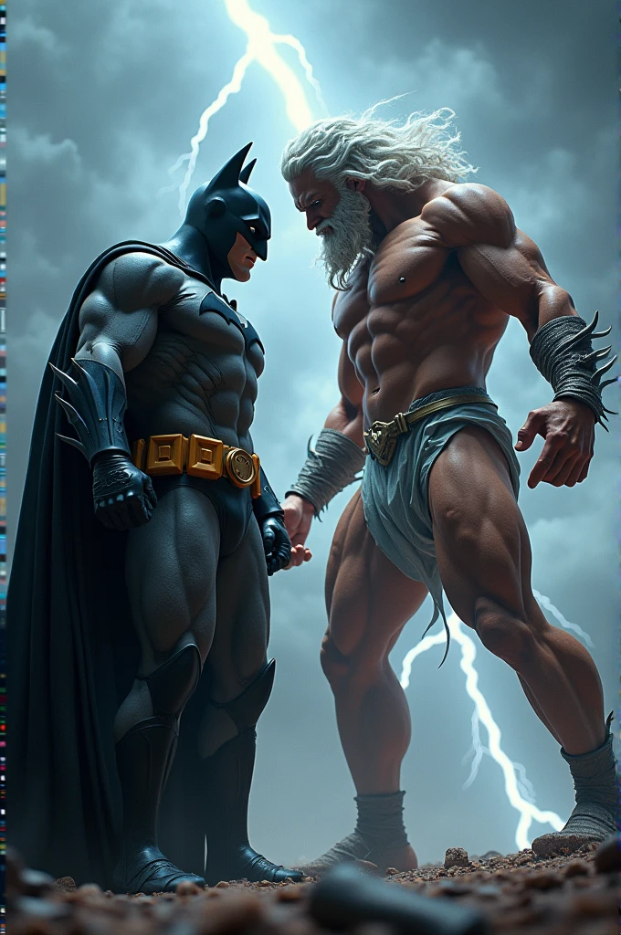 Batman vs Zeus fighting pose in 3d style 