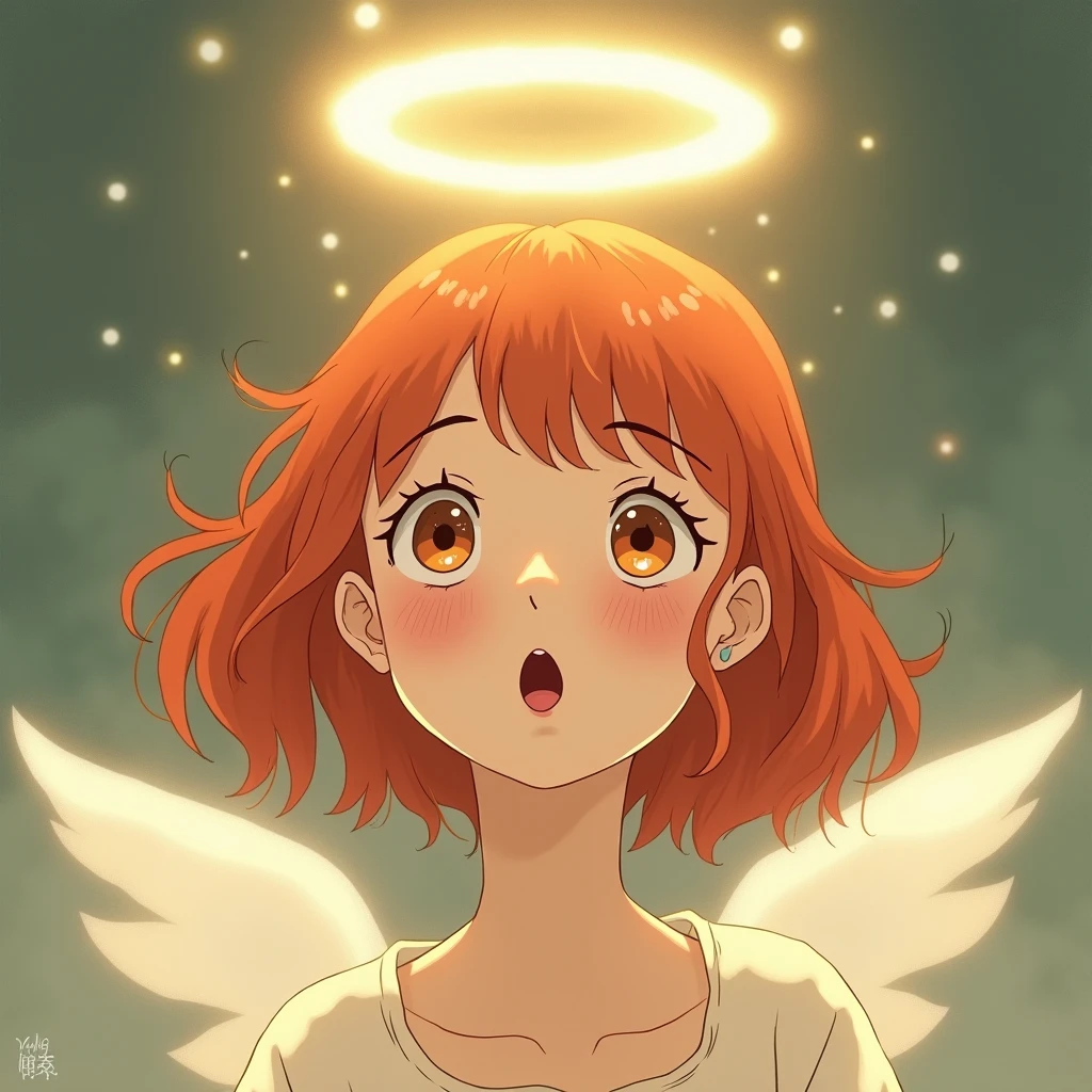 Ghibli style　Redhead、Open your mouth, Off-screen, Angel Halo, 