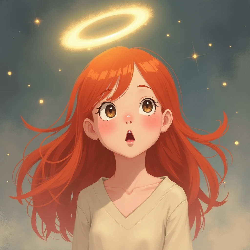 Ghibli style　Redhead、Open your mouth, Off-screen, Angel Halo, 
