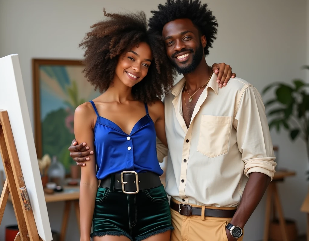 Attractive French-Nubian man with curly hair and dark skin, wearing a relaxed cream shirt and complementary pants, holding a paintbrush, standing next to a young woman who reaches his neck in a paint studio. The man has a kind expression; the woman has a soft smile. She is wearing a sapphire blue silk top, black velvet shorts with a green sheen, a thick black belt, and red wedge sandals.